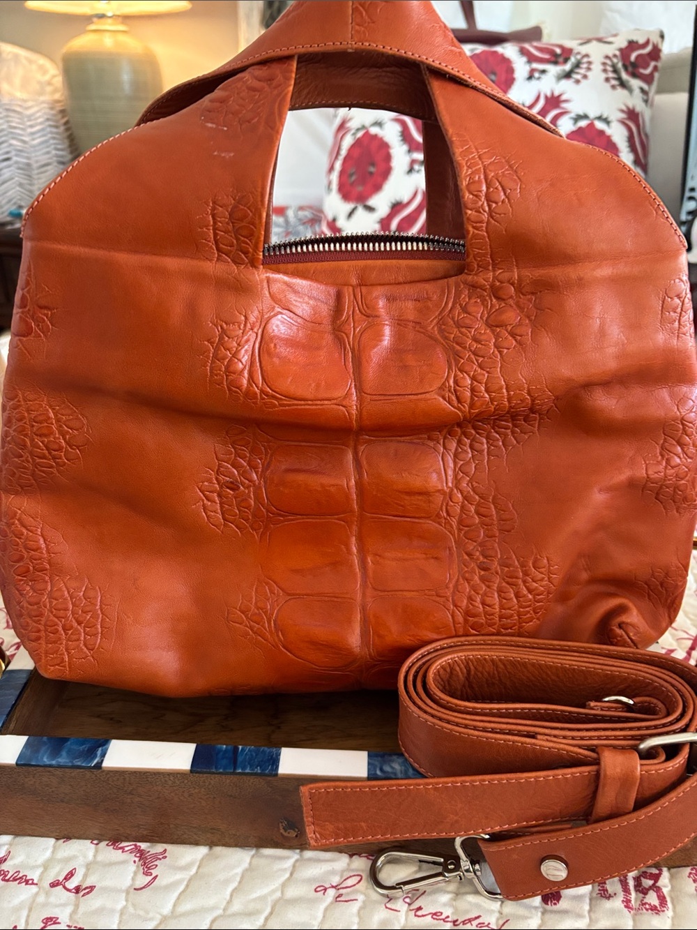 Daniella Lehavi Leather Croc-Embossed Landscape Handbag in Burnt Orange